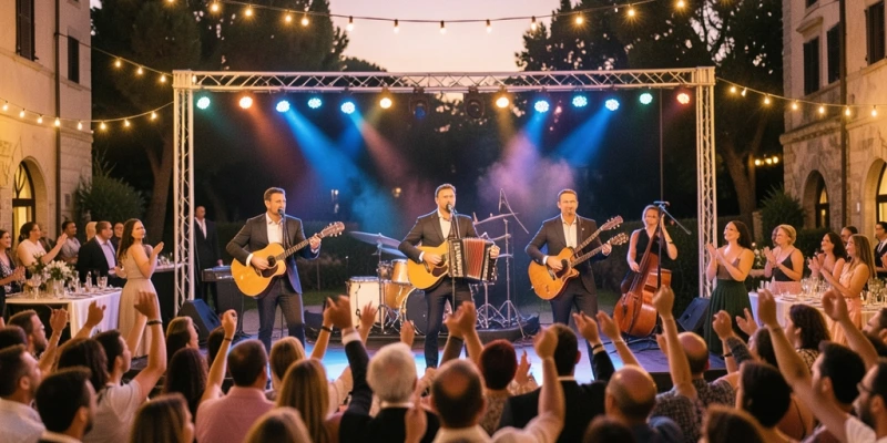 Bühnenszene einer italienischen Coverband, die Toto Cutugno Klassiker spielt, jubelndes Publikum bei Abenddämmerung im Freien