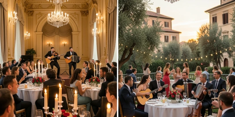 Elegante Gala-Dinner-Atmosphäre mit einer kleinen italienischen Band im Hintergrund, Kerzenlicht, festlich gedeckte Tische