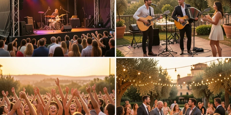 Italienische Liveband auf einer Bühne beim Open-Air-Event, warmes Abendlicht, begeistertes Publikum tanzt und singt mit