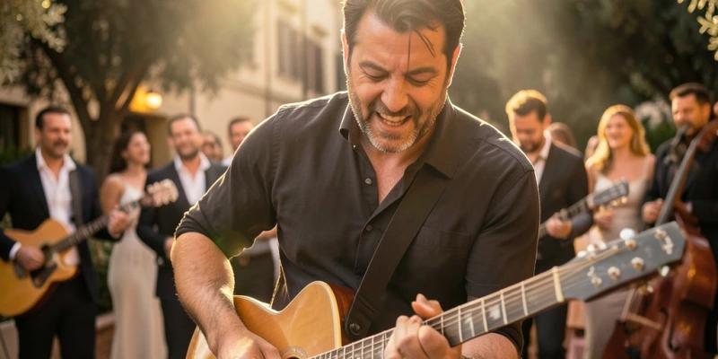 Nahaufnahme eines Gitarristen einer italienischen Liveband, Bühnenspot, expressive Spielhaltung, mediterane Atmosphäre