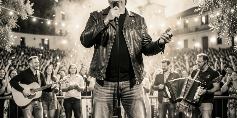 Schwarz-Weiß-Bühnenaufnahme von Vasco Rossi mit Mikrofon, dramatisches Bühnenlicht, Konzertpublikum im Hintergrund